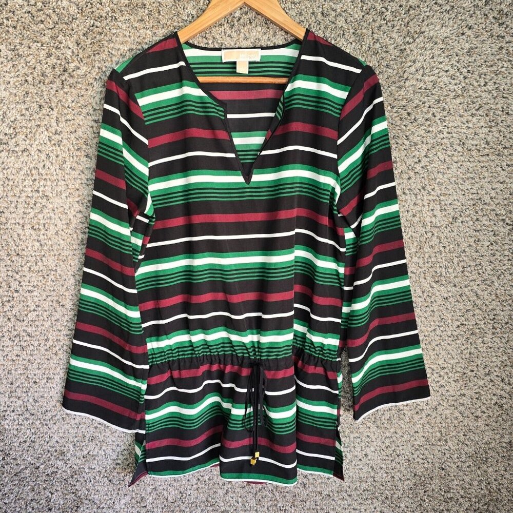 Michael Kors Top Womens Large Black Green Striped V Neck Blouse Semi Sheer